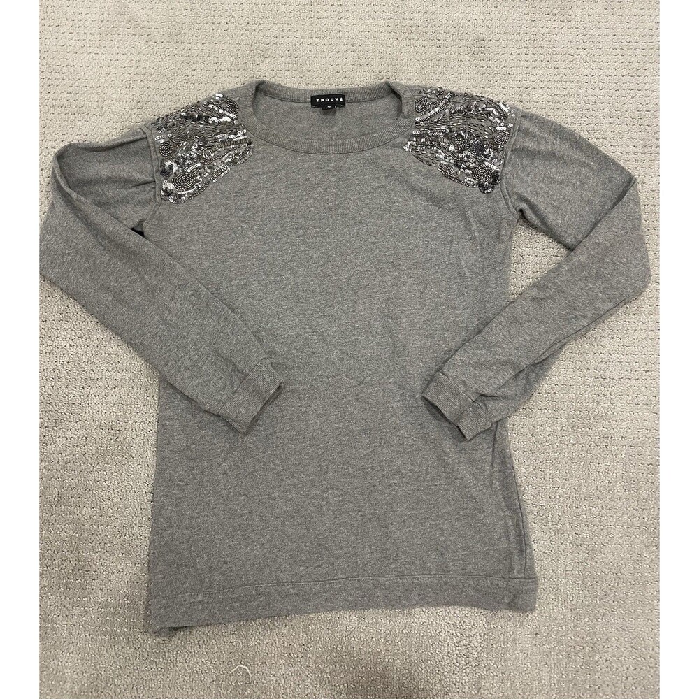 Trouvé Women XS Gray Crew Neck Knit Pullover Sweater Sequin Beaded Zipper
